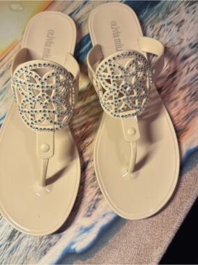 Olivia Miller Beige Jeweled Thong Sandals